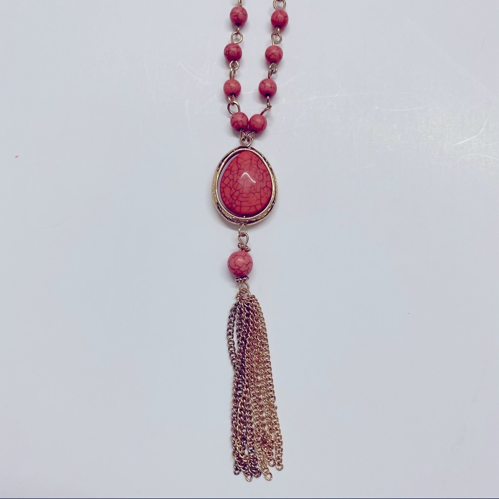 Salmon Peach Coral Marble Look Stones Long Adjustable Necklace with Tassel